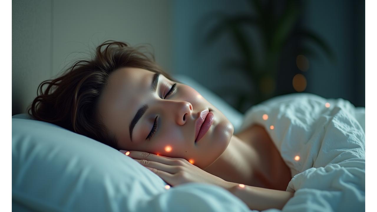 Donna serena che dorme profondamente, circondata da un'aura di tranquillità digitale che simboleggia il monitoraggio del sonno e la riduzione dello stress