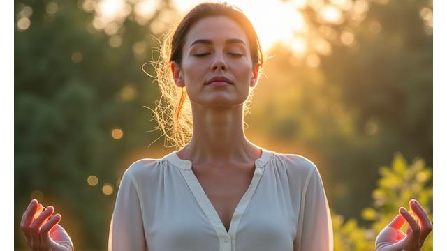 Persona in meditazione calma in un ambiente naturale, con un tocco digitale astratto