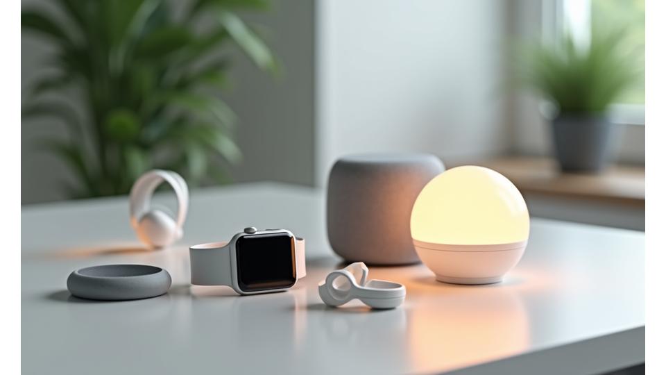 Vari dispositivi indossabili fitness e smart home device che monitorano il sonno e l'ambiente domestico
