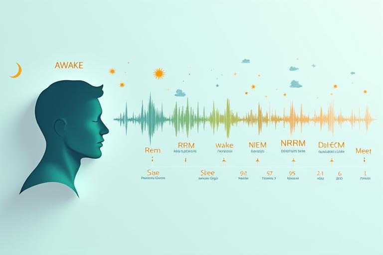 Infografica dettagliata dei cicli del sonno REM e non-REM, con onde cerebrali e fasi temporali