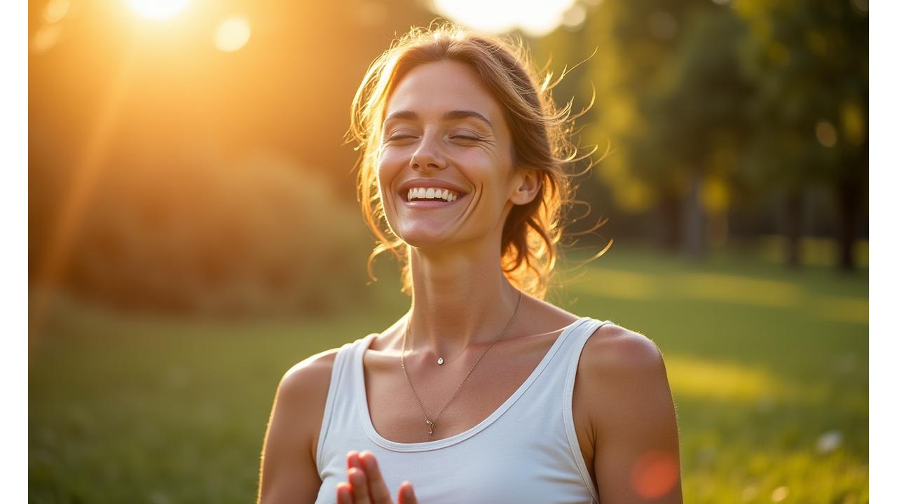 Donna di 40 anni sorridente che fa yoga all'aperto al tramonto, trasmettendo calma e benessere. Il focus è sul suo viso sorridente e sereno, con sfocatura dello sfondo verde e dorato.