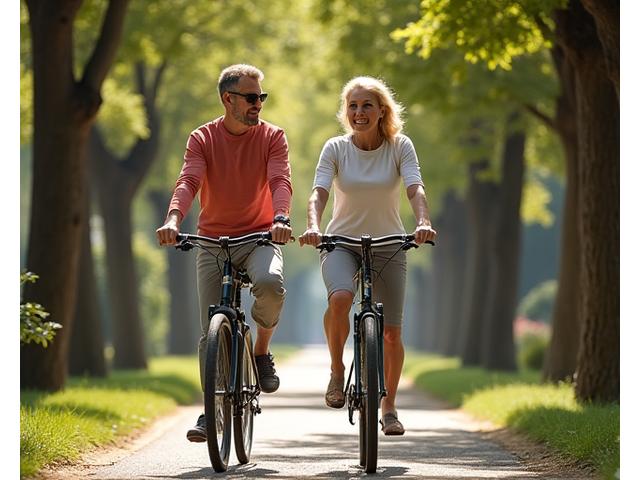 Una coppia adulta italiana che cammina mano nella mano su un sentiero idilliaco in un parco romano, irradiando benessere e vitalità