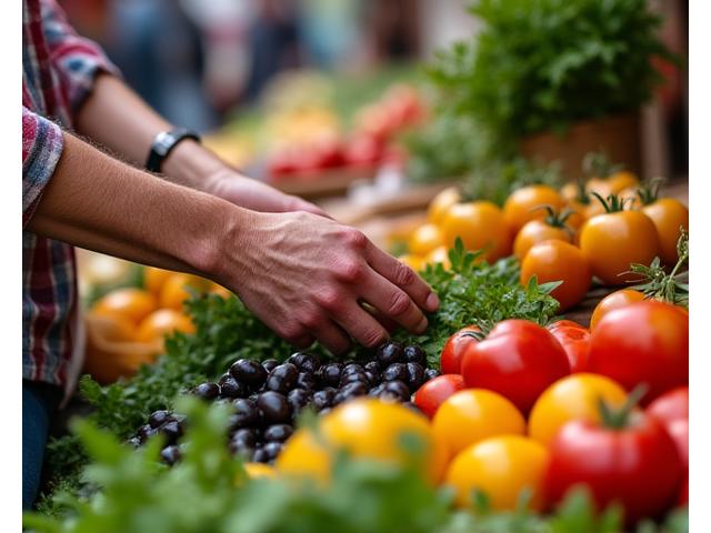 Scena di un mercato rionale italiano con prodotti freschi e colorati, mani che scelgono ortaggi di stagione