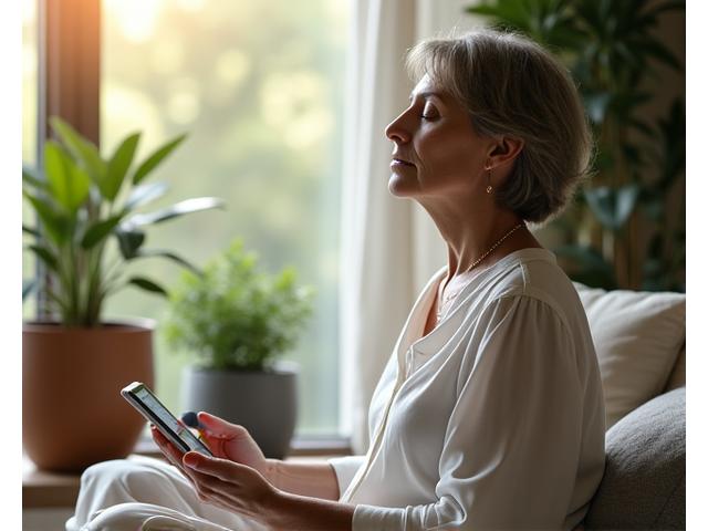 Donna che pratica mindfulness in un ambiente naturale e tranquillo con fiori e piante
