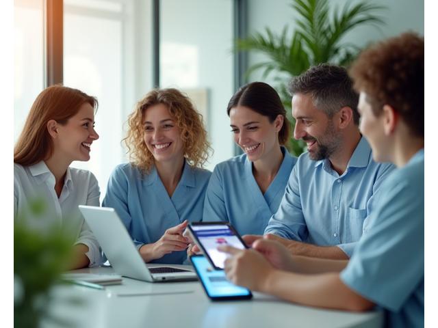 Team di Caldera Care che collabora in un ufficio moderno, focalizzato sulla tecnologia e il benessere