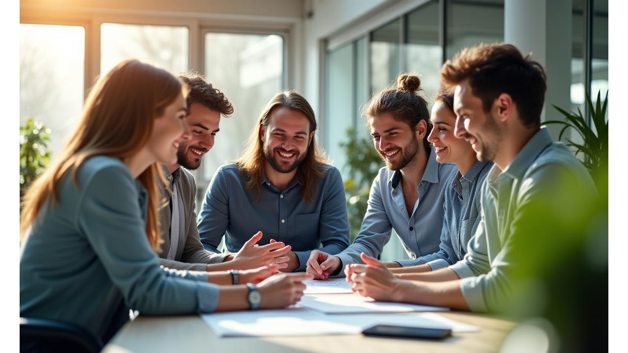 Team di Caldera Care che lavora insieme con sorrisi in un ambiente collaborativo, simboleggiando i valori aziendali