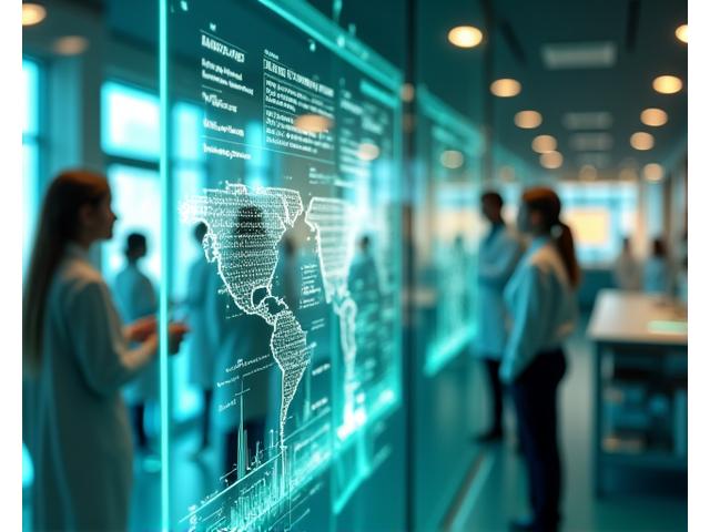 Grafici di ricerca e sviluppo su uno schermo, con un team medico che analizza i dati in sottofondo, simboleggiando innovazione continua.