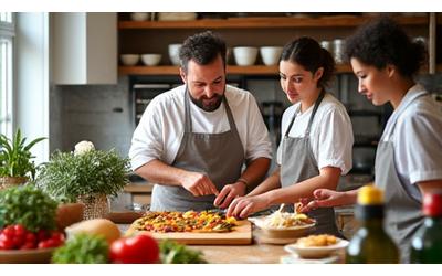 Chef che insegna a un piccolo gruppo a cucinare piatti sani italiani