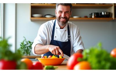 Uomo che prepara un pasto sano e colorato in una cucina moderna