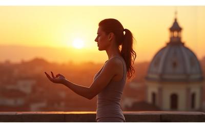 Donna che pratica yoga al tramonto su una terrazza romana
