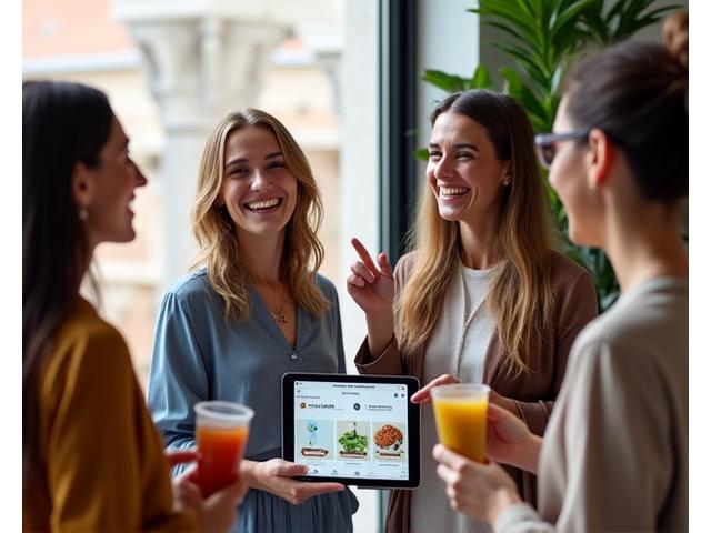 Un gruppo diversificato di adulti sorridenti che interagiscono positivamente in un ambiente moderno e luminoso, simbolo di una community attiva e solidale