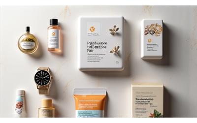 Una serie di prodotti wellness disposti esteticamente con cartellini di recensione