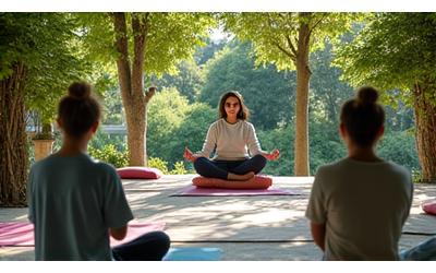 Un tranquillo workshop di mindfulness con una guida che istruisce un piccolo gruppo