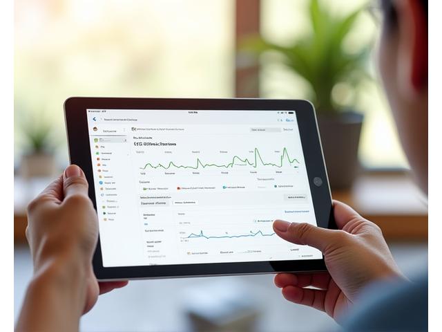 Dashboard del monitoraggio continuo della glicemia (CGM) su tablet con grafici dei livelli di glucosio e avvisi in tempo reale.