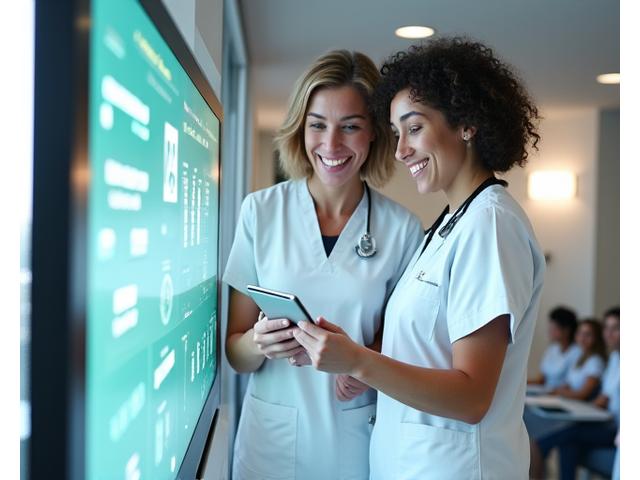 Professionisti medici che collaborano, esaminando dati sanitari su uno schermo condiviso, rappresentando la sinergia tra tecnologia e cura umana.