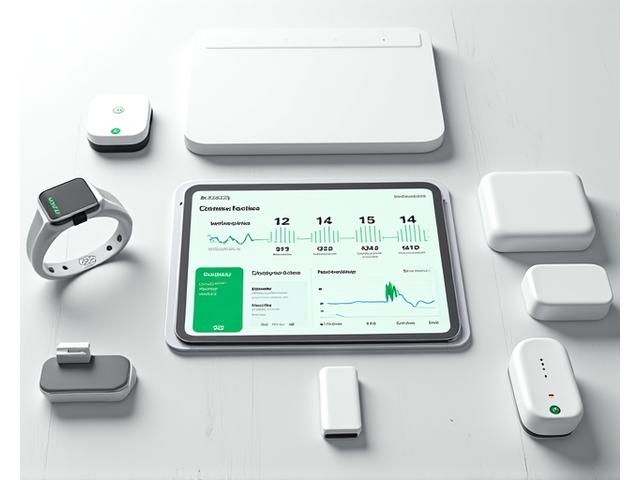 Dispositivi medici indossabili e smart riuniti su un tavolo, con un tablet al centro che mostra l'aggregazione dei dati da tutti i dispositivi.