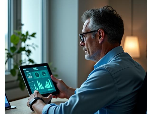 Uomo che monitora i dati di salute su un tablet, simbolo di gestione delle condizioni croniche