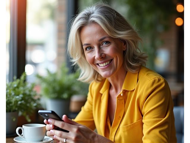 Donna adulta sorridente che usa un'app di benessere femminile su smartphone
