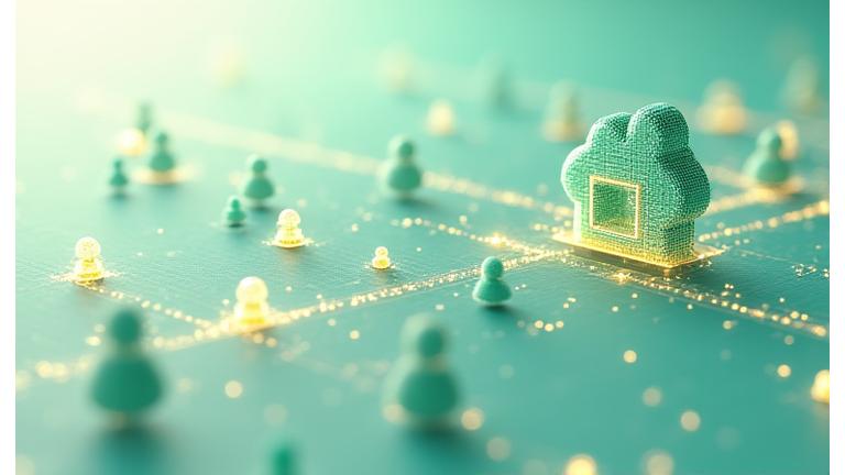 Flusso di dati digitali che si muovono in modo sicuro tra dispositivi e cloud, rappresentati in tonalità di verde e blu.