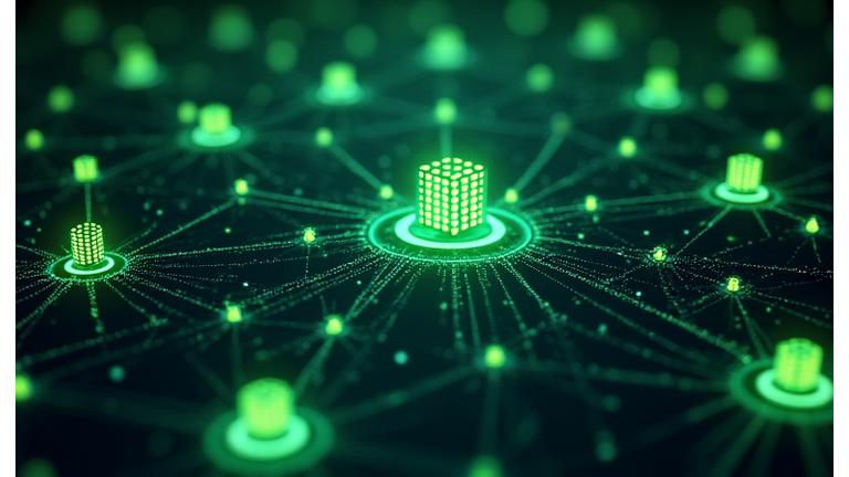 Rappresentazione astratta di una rete di partner interconnessi in modo sicuro, con nodi colorati in verde e giallo che indicano la condivisione controllata dei dati.