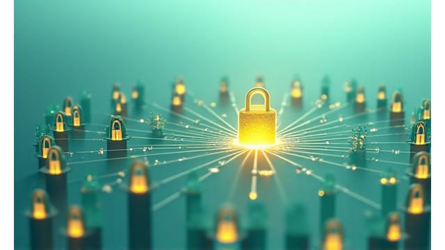 Simboli di fiducia e protezione dati, lucchetti e scudi digitali in un layout verde e dorato.
