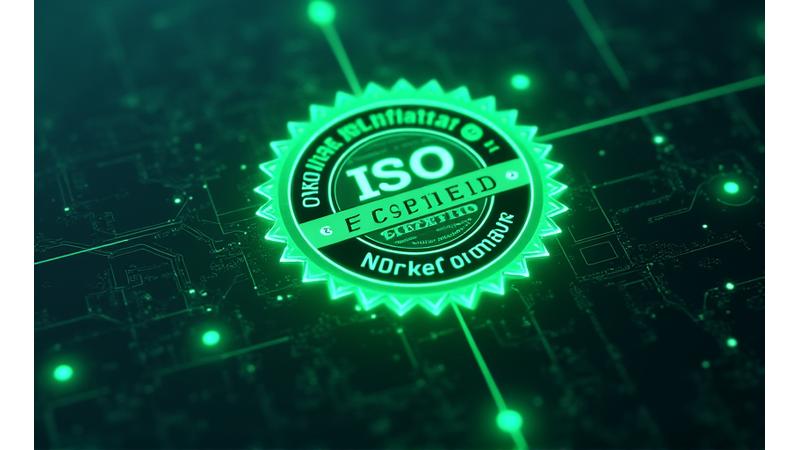 Icone di certificazioni di sicurezza (ISO 27001, GDPR compliant) e lucchetti, su uno sfondo astratto e moderno in tonalità verdi e grigie.