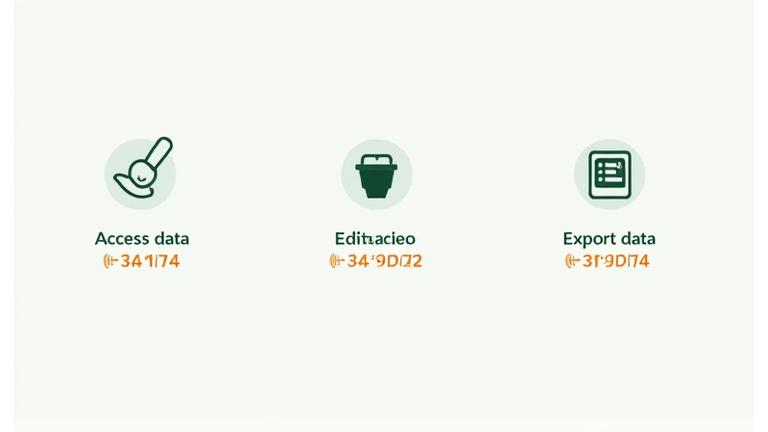 Interfaccia utente stilizzata che mostra controlli per la privacy dei dati, icone intuitive per accesso, modifica ed eliminazione.