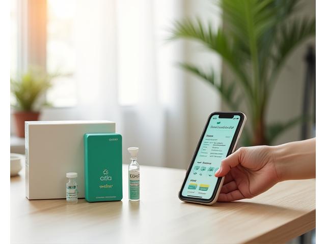Kit per test diagnostici domiciliari con smartphone e icone di monitoraggio medico
