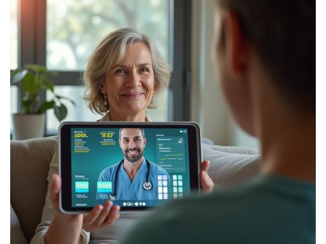 Donna che consulta un medico tramite videochiamata su tablet, con grafici di dati sanitari sullo sfondo