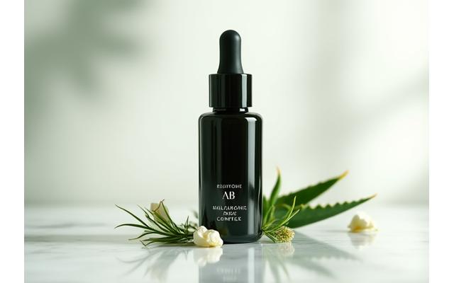 Siero viso in flacone di vetro scuro, prodotti skincare avanzati.
