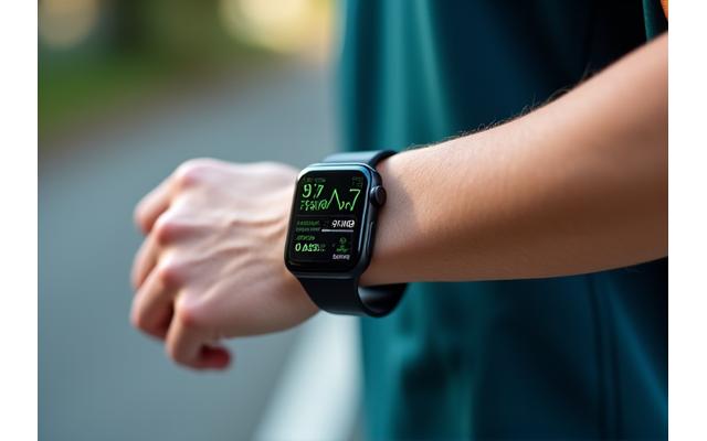 Smartwatch al polso di una persona che corre, dispositivi fitness.