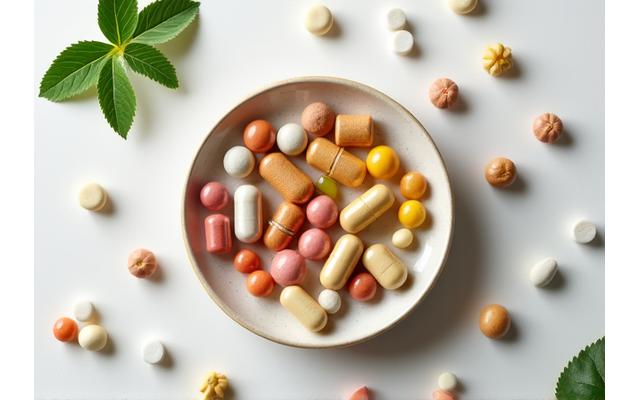 Capsule di integratori su un cucchiaio, ingredienti naturali.