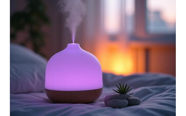 Dispositivo per aromaterapia con vapore e luci soffuse, atmosfera rilassante.