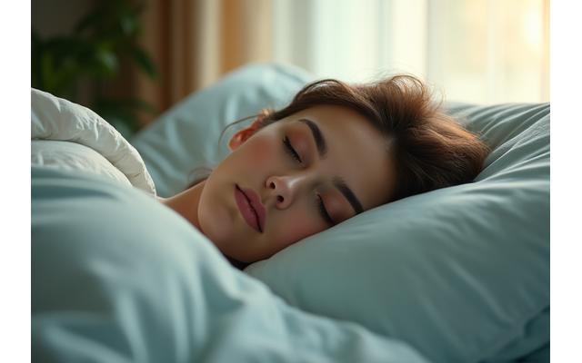 Persona serena che dorme profondamente su un cuscino ergonomico.