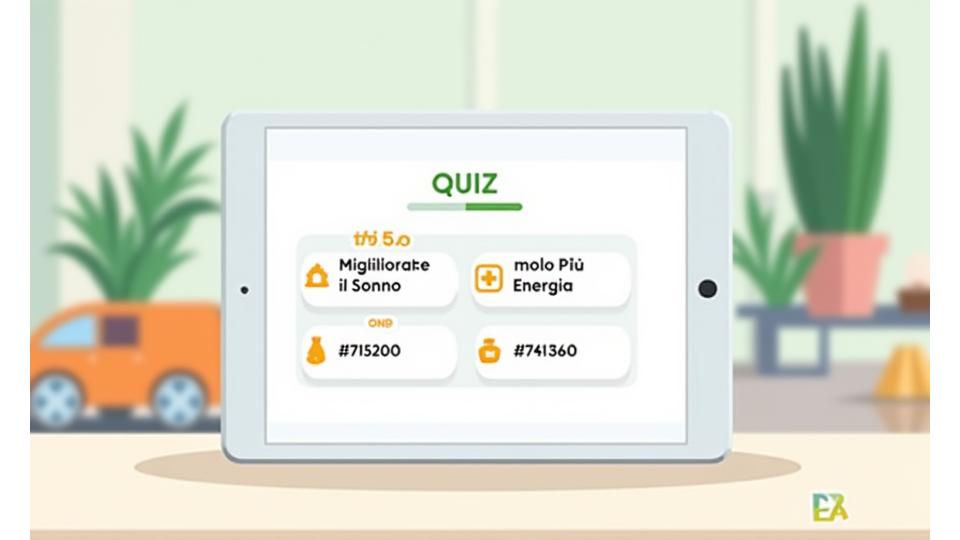 Interfaccia di un quiz online per trovare prodotti wellness personalizzati con icone di scelta multiple.