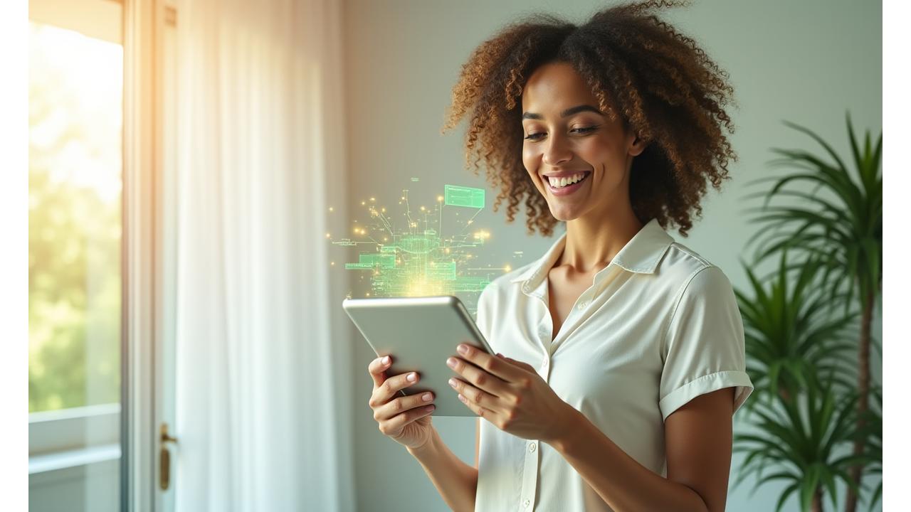 Donna sorridente che interagisce con un'app di benessere su tablet, circondata da simboli astratti di dati e tecnologia sanitaria.