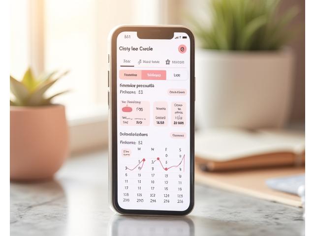Screenshot di un'app femtech che mostra un calendario del ciclo mestruale con previsioni di ovulazione e dati ormonali.