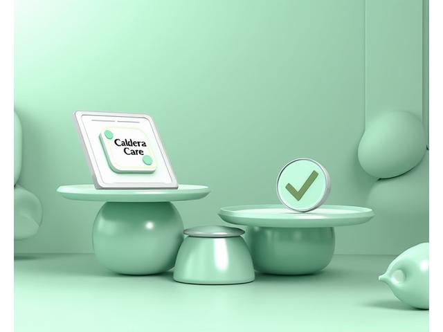 Illustrazione di una bilancia che equilibra un tablet con il logo di Caldera Care e un simbolo di divieto. Dietro, uno sfondo astratto con elementi grafici che suggeriscono cautela e protezione. Dominano le tonalità di verde primario e grigio meticoloso.