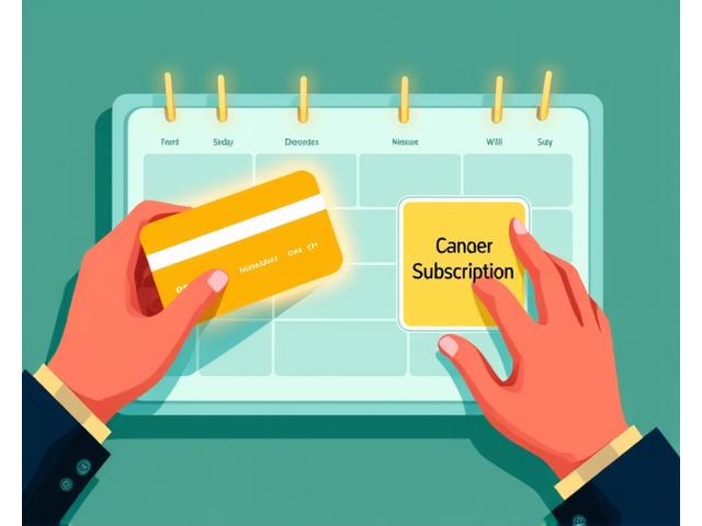 Illustrazione di una mano che tiene una carta di credito virtuale di fronte a un calendario con date evidenziate, e un'altra mano che clicca su 'Annulla abbonamento'. Colori puliti e moderni, tipici dell'interfaccia utente digitale.