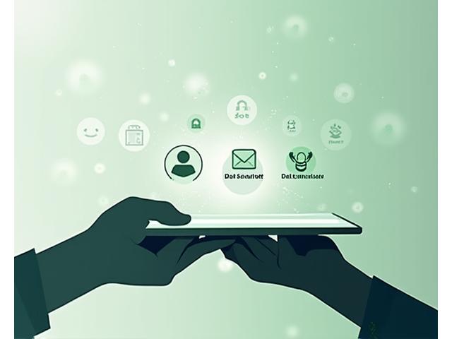 Una silhouette stilizzata di una persona che tiene in mano un tablet o uno smartphone, con un'interfaccia utente pulita che mostra icone di privacy e dati protetti. Lo sfondo è un pattern geometrico discreto nei toni del verde e grigio.