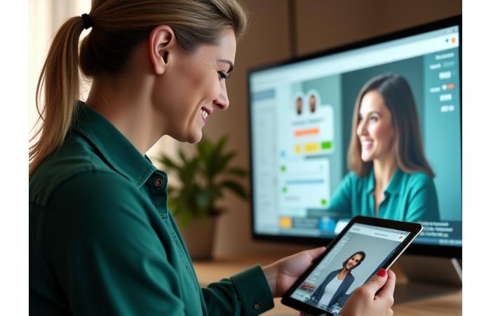 Coach sorridente in videochiamata con un cliente, sullo sfondo uno schermo mostra un'interfaccia di chat e dati biometrici.