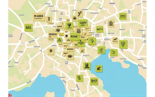 Mappa stilizzata di Roma con icone di palestre, ristoranti salutari e percorsi fitness evidenziati.
