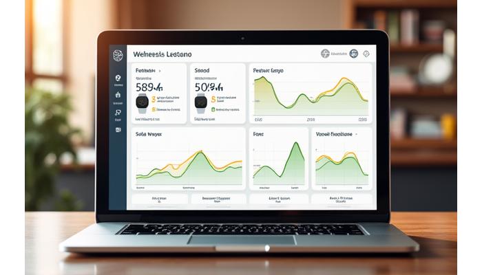 Schermata di una dashboard pulita con grafici a linee e barre che mostrano metriche di benessere come energia, sonno e umore, con icone di smartwatch e smartphone.